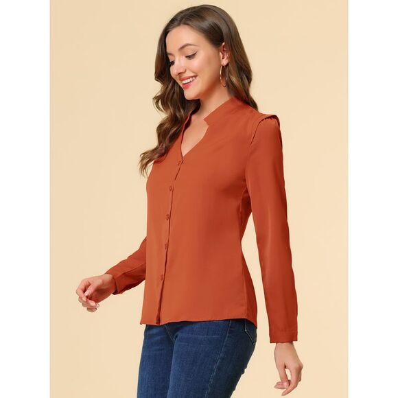 Blouse Button Up Long Sleeve V Neck Chiffon Shirt Orange Brown - Picture 3 of 6